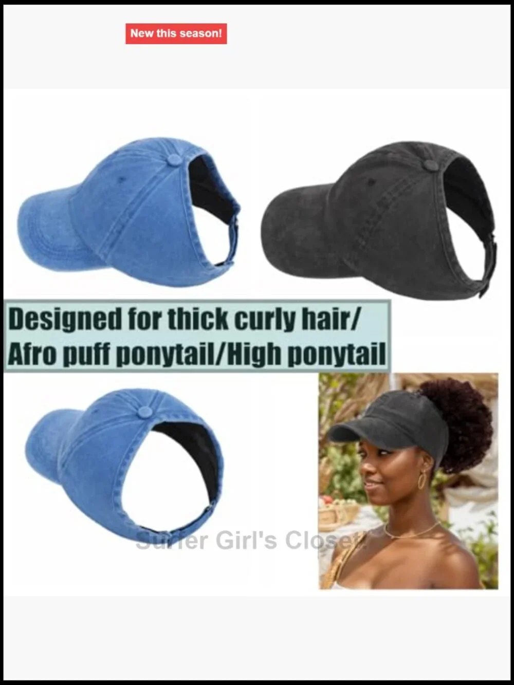 2 Pack Backless Baseball Cap with Ponytail Hole for Curly Hair